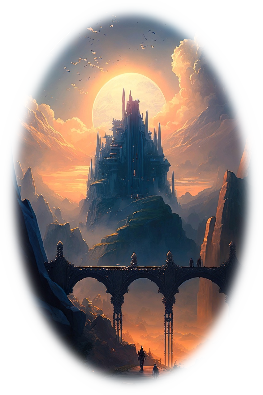 In mountainous terrain, a steel bridge crossing the foreground with a castle occupying an entire mountain top against a pale sky with a huge full moon and cloud banks.