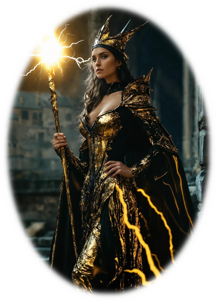 A dark-haired woman wearing a golden gown and pointed headpiece stands with a staff that emits a fierce glow and streamers of light from its top.