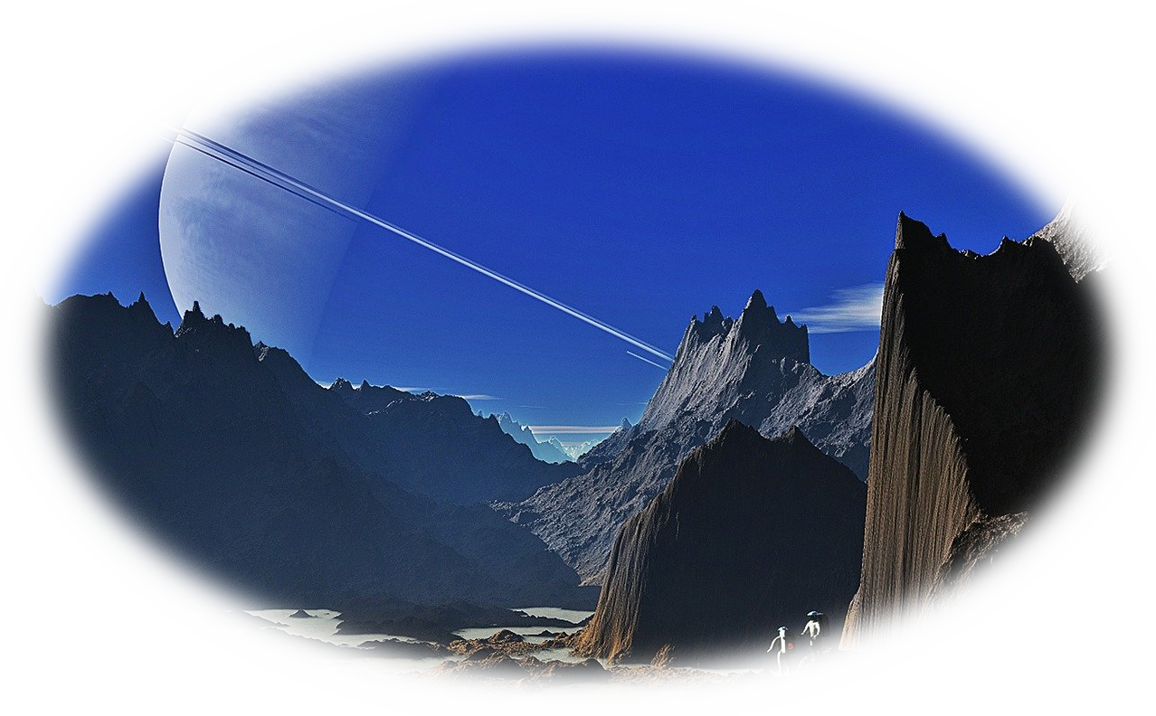 On a jagged, mountainous planet two spacesuited figures are picking their way. In a deep blue sky, an immense ringed planet hovers.