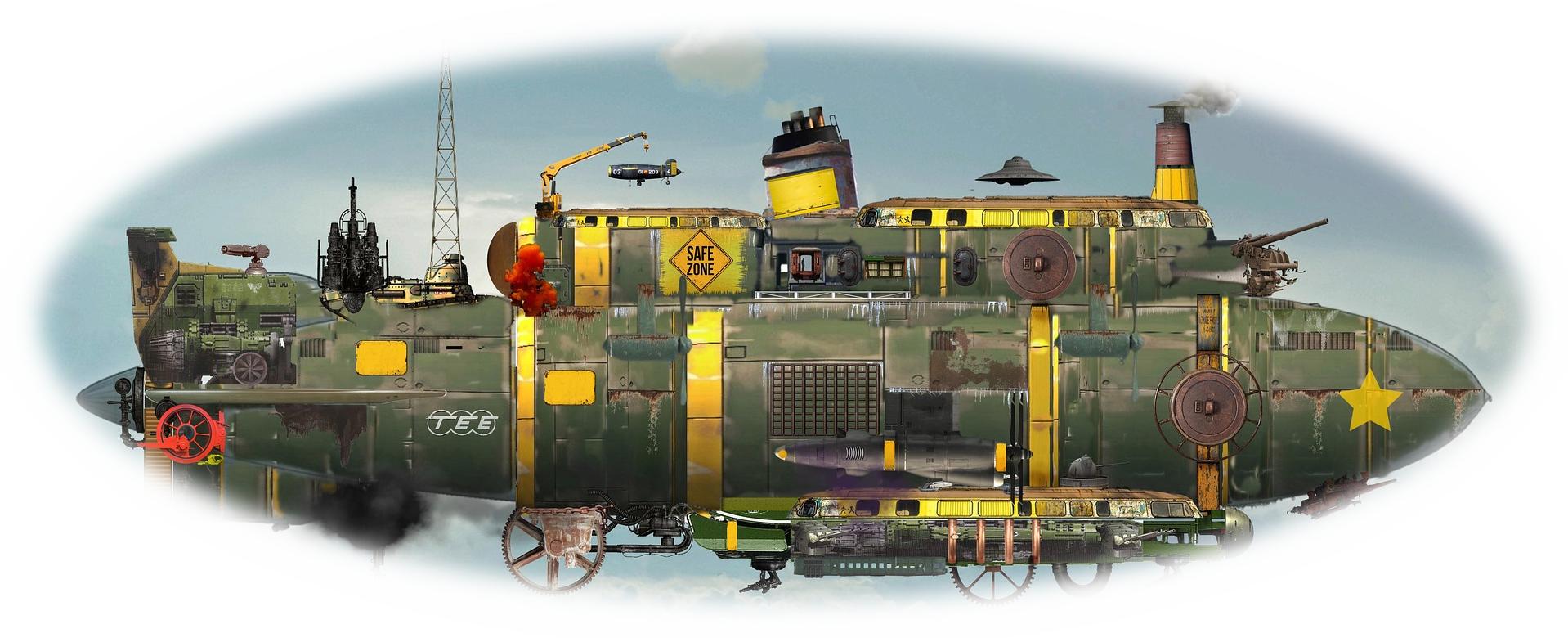 An armed, green, submarine-like steampunk airship with yellow stripes is a carrier for smaller airships.